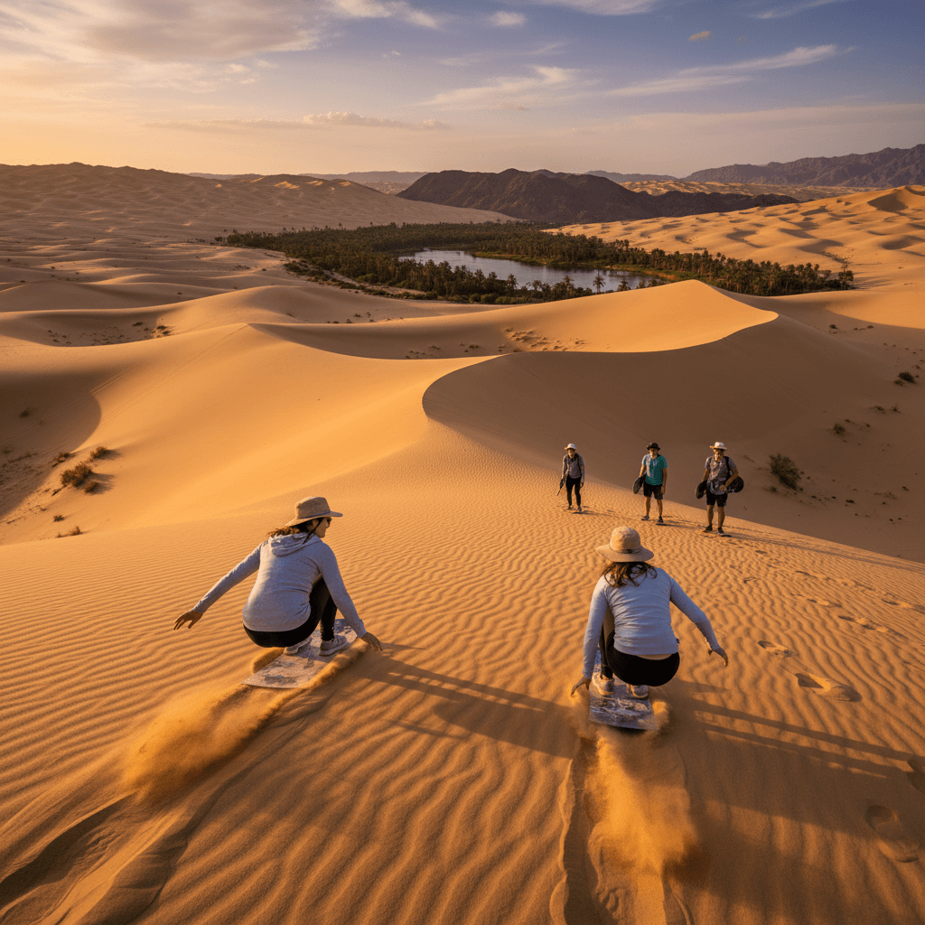 السياح يستمتعون بتزلج الرمال على الكثبان الذهبية